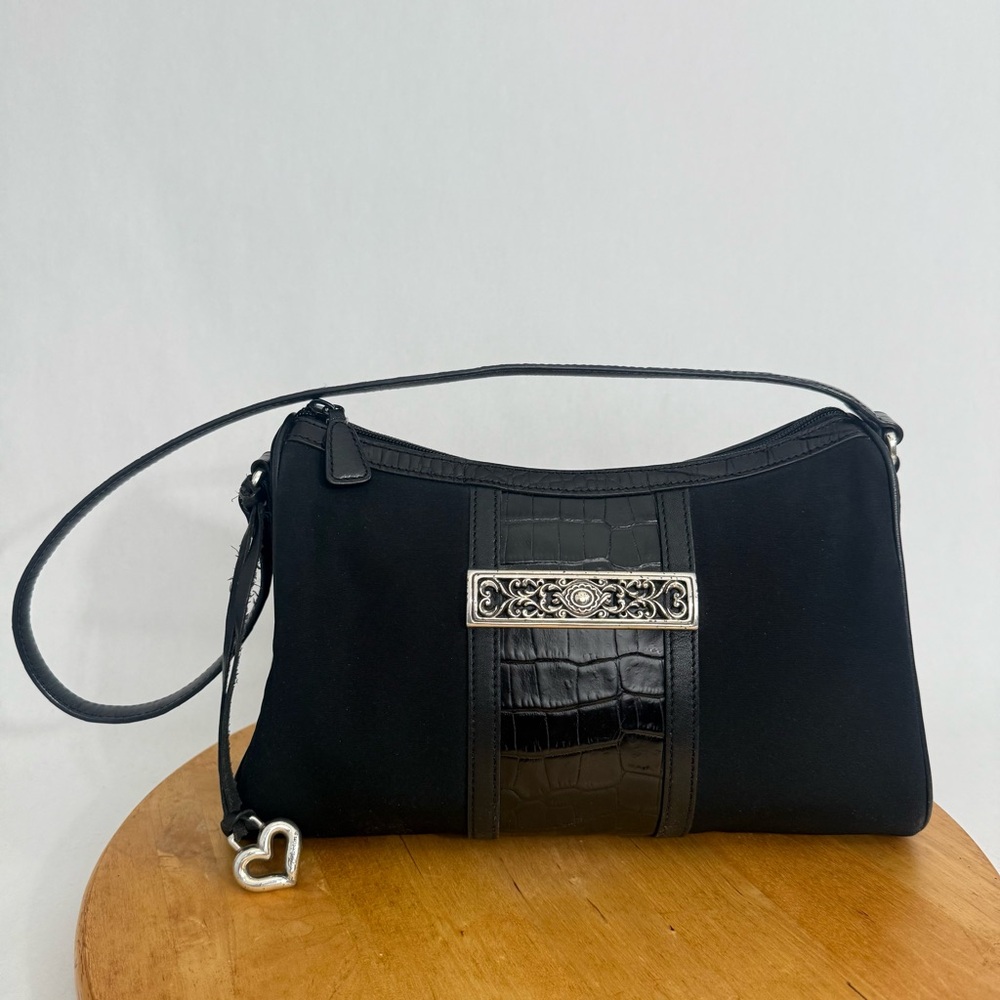 Vintage Brighton Black Nylon Shoulder Bag Purse Croc Embossed & Silver Accent